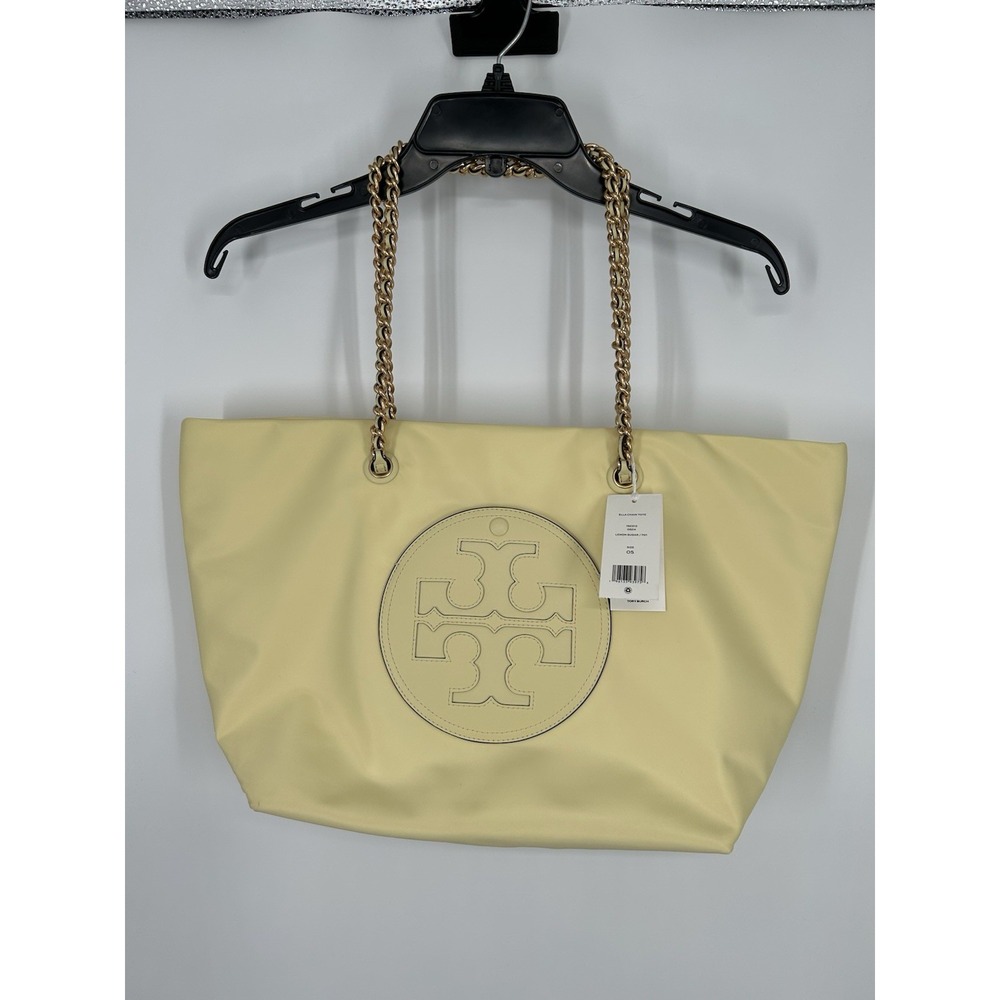 Tory Burch Lemon Sugar Ella Chain Tote Nylon Magnetic Snap Closure Yellow Bag - Picture 1 of 7